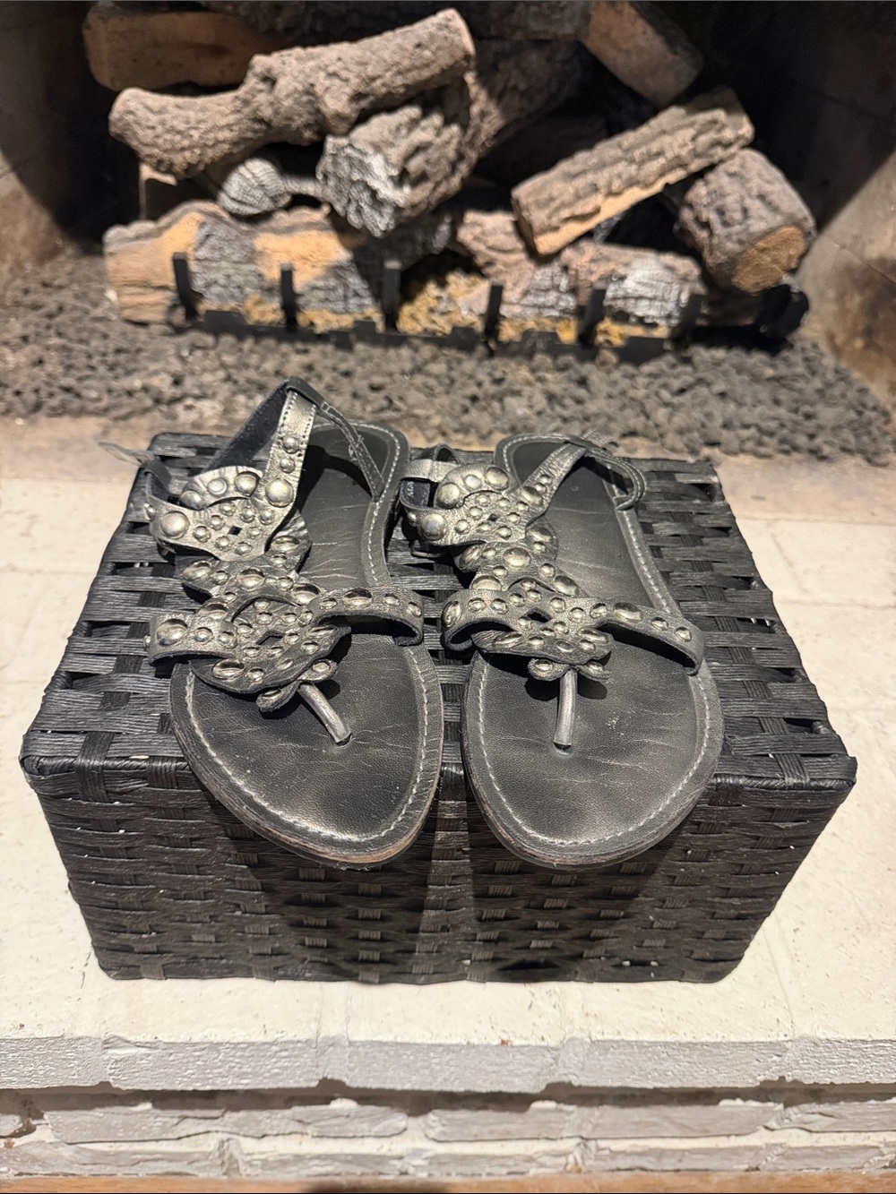 Diba Black Studded T-Strap Women's Sandals